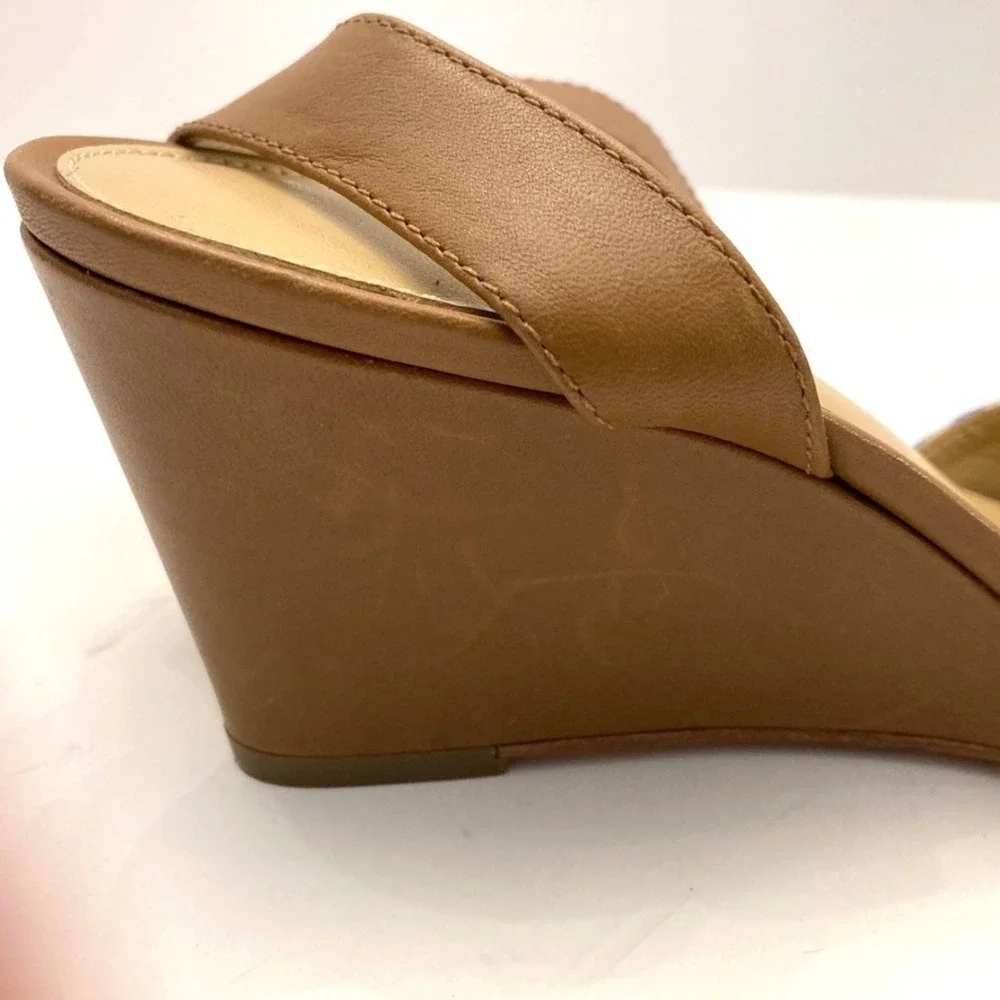 Talbots Vivian Blue Striped Sandal Tan Leather Ankle Strap Womens 8.5 Wedge Heel